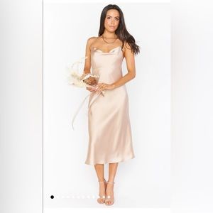 Show Me Your Mumu Verona Cowl Dress in champagne luxe satin, size medium (6-8)